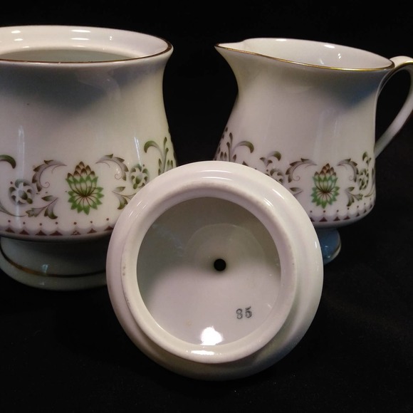 Johann Seltmann Vohenstrauss Sugar n Creamer w Lid Green Floral Gold Trim - Picture 14 of 16